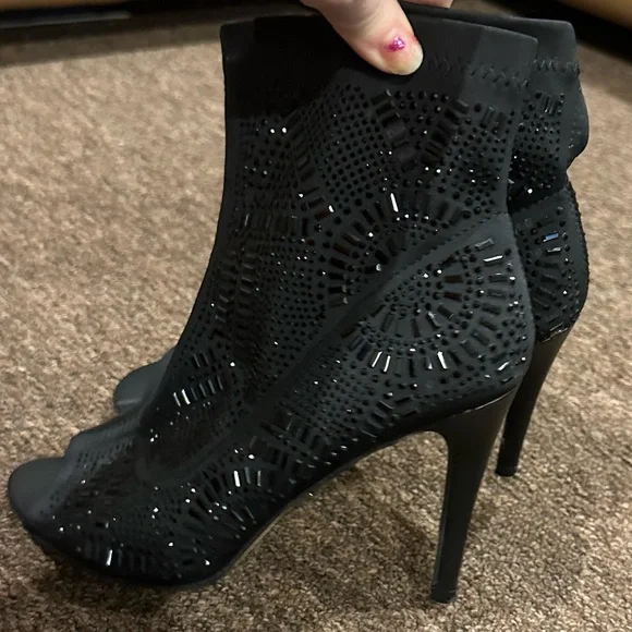 Lauren Lorraine Emma Black Sequin Rhinestone Peep-Toe Stiletto Heel Bootie 8M - Picture 5 of 7